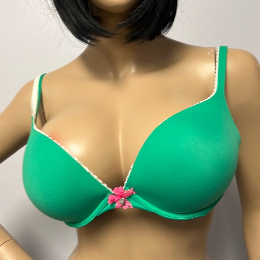 Victoria's Secret Green Padded Push-Up Bra with Pink Bow Like New 36D